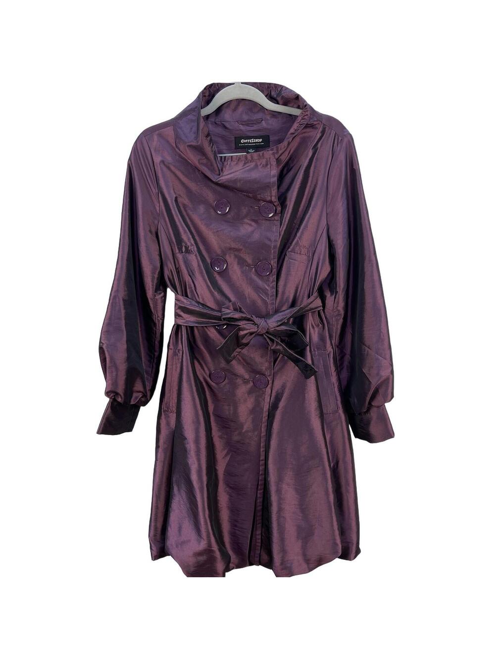 CoffeeShop NYC Purple Metallic Satin Belted Trench Coat Womens Large
